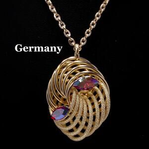 Vintage Germany Gold Tone Swirl Pendant Necklace Red AB Rhinestones 1960s